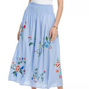 EXCELLENT Johnny Was Maxi Skirt - Blue Embroidered Smocked Floral Medium SK005